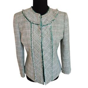 Nipon Boutique Womens Open Front Frayed Trim Tweed Blazer Jacket Green White 4